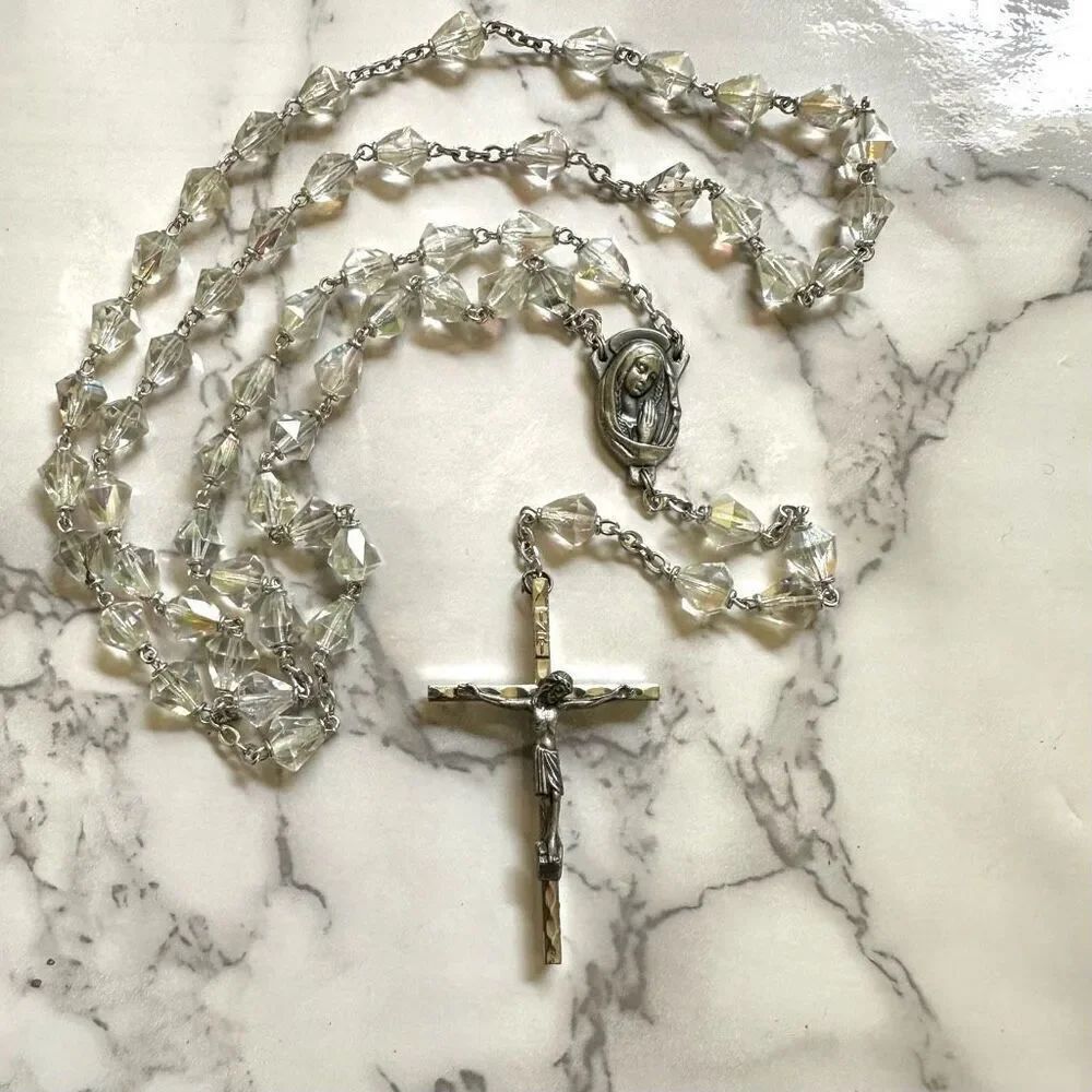 Clear iridescent beaded cross rosary